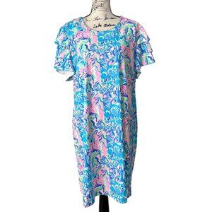 Lulu B Womens Dress Short Sleeve Pink Blue Swirl Knee-Length Stretch Size 1X